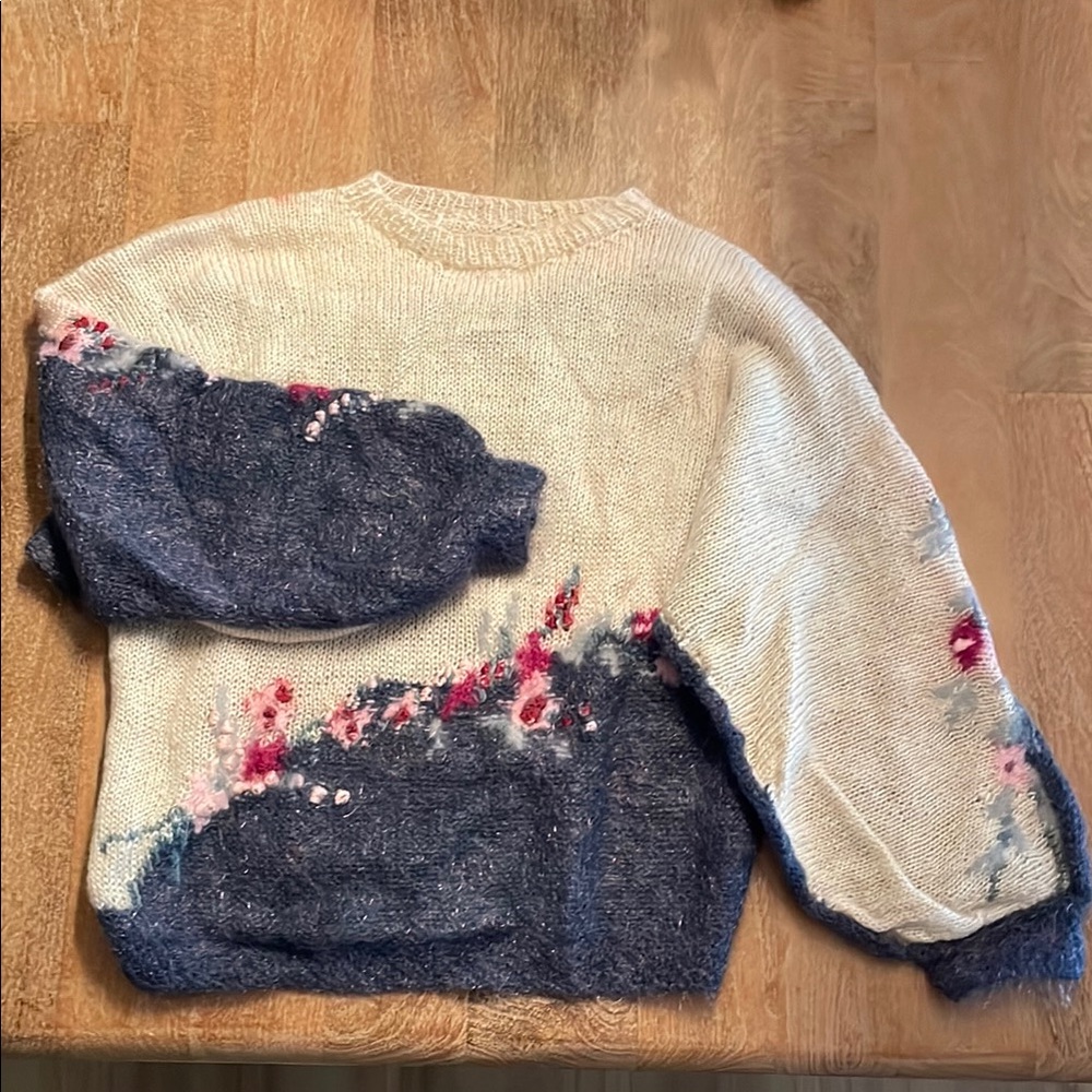 Vintage Handmade Knit Colorblock and Floral Crewneck Sweater